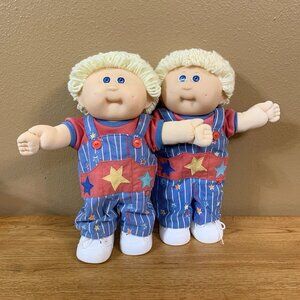 Vintage Cabbage Patch Kids Twin Toddler Dolls HM9 Twins In HTF Star Overalls